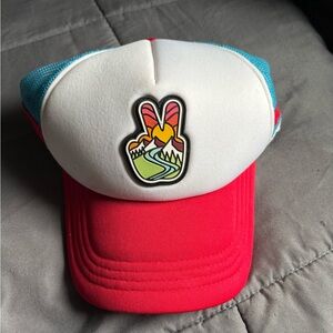Red and White Trucker Hat with Peace Sign Patch